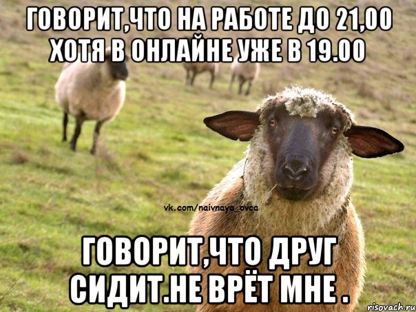 Говорит,что на работе до 21,00 Хотя в онлайне уже в 19.00 Говорит,что друг сидит.Не врёт мне ., Мем  Наивная Овца