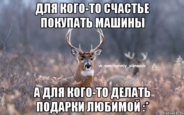 Для кого-то счастье покупать машины а для кого-то делать подарки Любимой :*, Мем  Наивный Олененок
