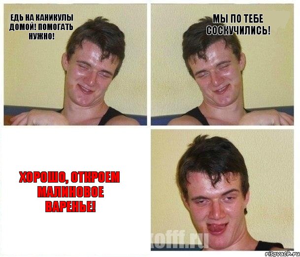 Едь на каникулы домой! Помогать нужно! Мы по тебе соскучились! Хорошо, откроем малиновое варенье!