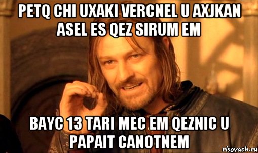 petq chi uxaki vercnel u axjkan asel es qez sirum em bayc 13 tari mec em qeznic u papait canotnem, Мем Нельзя просто так взять и (Боромир мем)