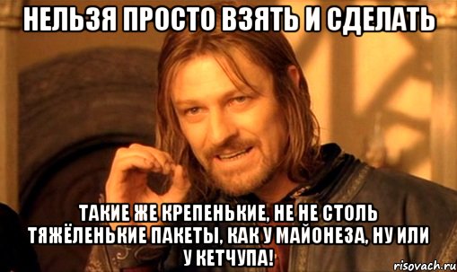 Нельзя просто взять и сделать такие же крепенькие, не не столь тяжёленькие пакеты, как у майонеза, ну или у кетчупа!, Мем Нельзя просто так взять и (Боромир мем)