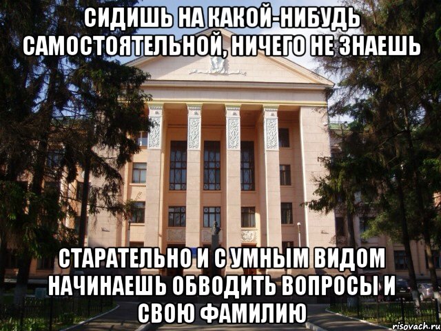 Сидишь на какой-нибудь самостоятельной, ничего не знаешь Старательно и с умным видом начинаешь обводить вопросы и свою фамилию, Мем Нму