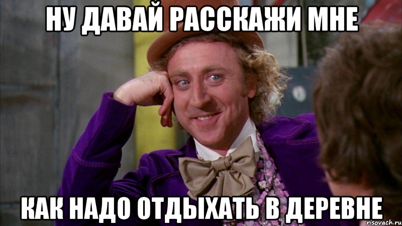 Ну давай расскажи мне как надо отдыхать в деревне, Мем Ну давай расскажи (Вилли Вонка)