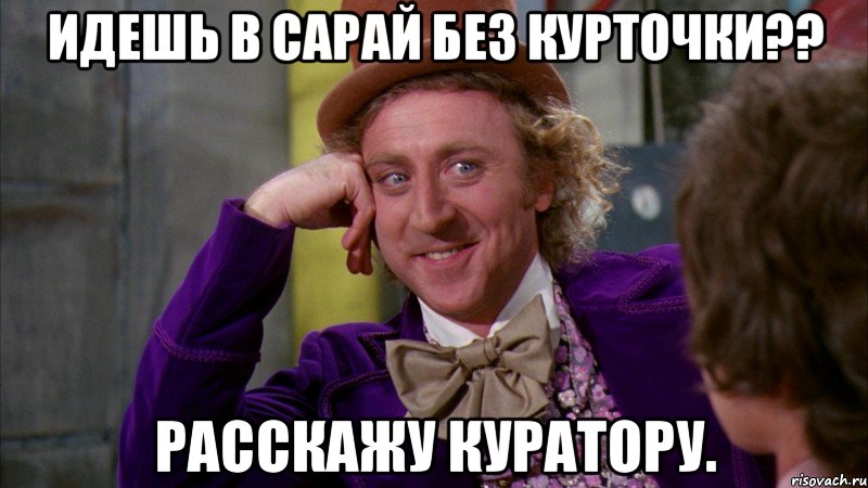 идешь в сарай без курточки?? расскажу куратору., Мем Ну давай расскажи (Вилли Вонка)