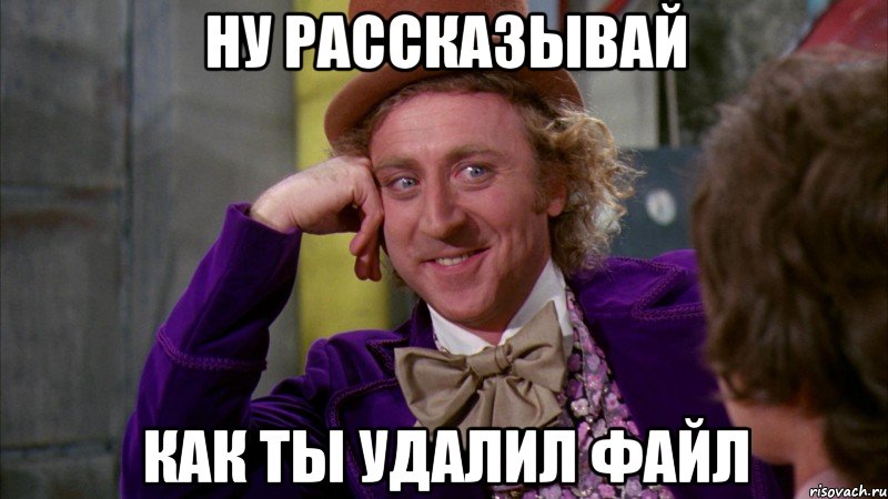 Ну рассказывай как ты удалил файл, Мем Ну давай расскажи (Вилли Вонка)