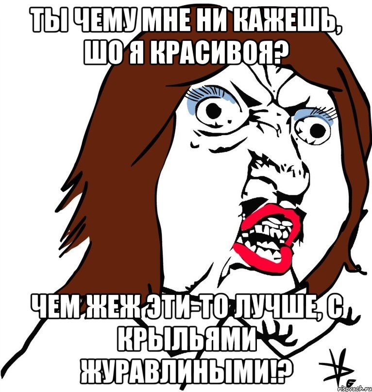 Ты чему мне ни кажешь, шо я красивоя? Чем жеж эти-то лучше, с крыльями журавлиными!?, Мем Ну почему (девушка)