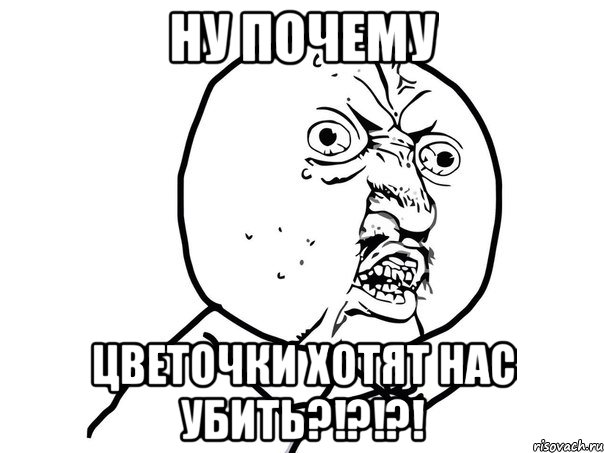 НУ ПОЧЕМУ ЦВЕТОЧКИ ХОТЯТ НАС УБИТЬ?!?!?!, Мем Ну почему (белый фон)