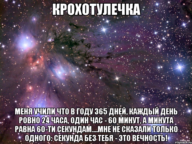 Крохотулечка Меня учили что в году 365 дней, каждый день ровно 24 часа, один час - 60 минут, а минута равна 60-ти секундам....мне не сказали только одного: Секунда без тебя - это Вечность!, Мем Космос