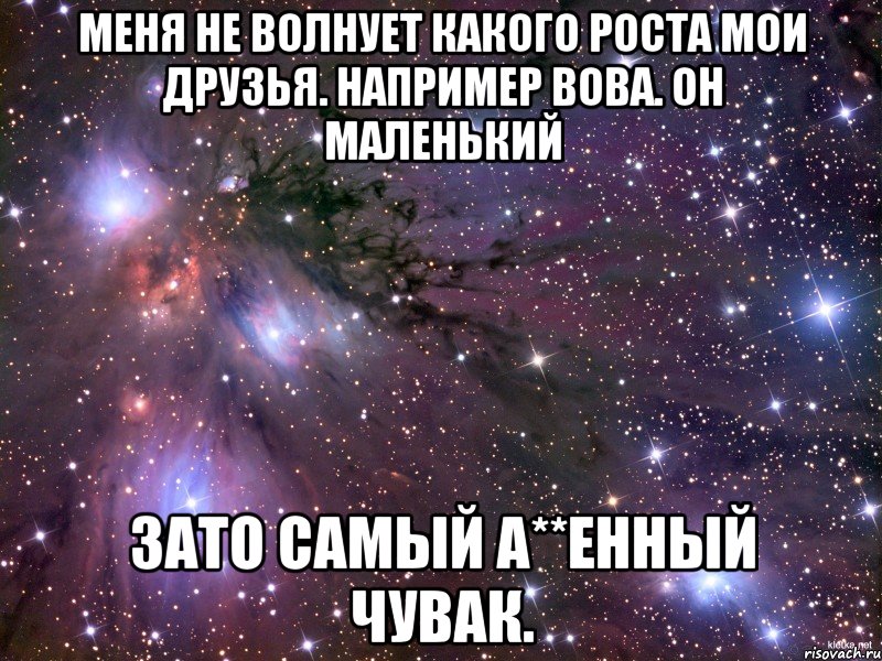 МЕНЯ НЕ ВОЛНУЕТ КАКОГО РОСТА МОИ ДРУЗЬЯ. НАПРИМЕР ВОВА. ОН МАЛЕНЬКИЙ ЗАТО САМЫЙ А**ЕННЫЙ ЧУВАК., Мем Космос