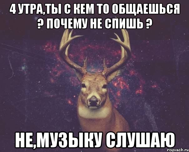 4 утра,ты с кем то общаешься ? Почему не спишь ? Не,музыку слушаю, Мем  олень наивный