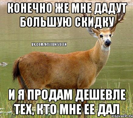 Конечно же мне дадут большую скидку и я продам дешевле тех, кто мне ее дал, Мем Олень