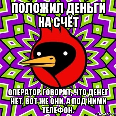 Положил деньги на счёт Оператор говорит, что денег нет, ВОТ ЖЕ ОНИ, а под ними телефон., Мем Омская птица