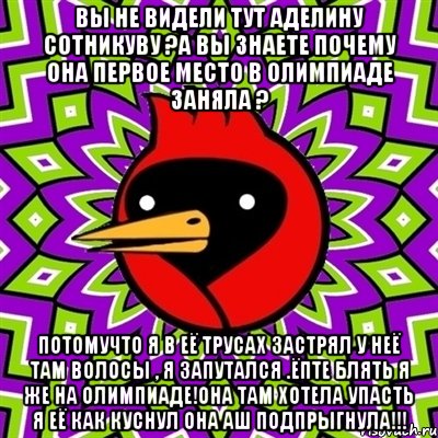 вы не видели тут Аделину Сотникуву ?а вы знаете почему она первое место в олимпиаде заняла ? потомучто я в её трусах застрял у неё там волосы , я запутался .ёпте блять я же на олимпиаде!она там хотела упасть я её как куснул она аш подпрыгнула!!!, Мем Омская птица