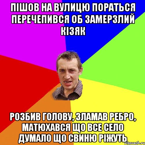 Пішов на вулицю пораться перечепився об замерзлий кізяк розбив голову, зламав ребро, матюхався що все село думало що свиню ріжуть, Мем Чоткий паца