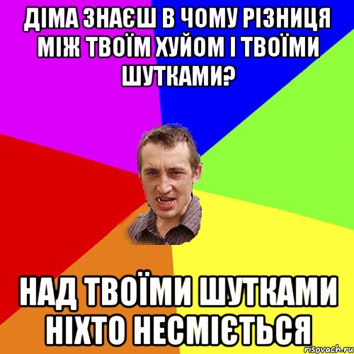 ДІМА ЗНАЄШ В ЧОМУ РІЗНИЦЯ МІЖ ТВОЇМ ХУЙОМ І ТВОЇМИ ШУТКАМИ? НАД ТВОЇМИ ШУТКАМИ НІХТО НЕСМІЄТЬСЯ, Мем Чоткий паца