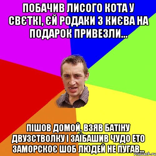 побачив лисого кота у свєткі, єй родаки з києва на подарок привезли... пішов домой, взяв батіну двузстволку і заїбашив чудо ето заморскоє шоб людей не пугав..., Мем Чоткий паца