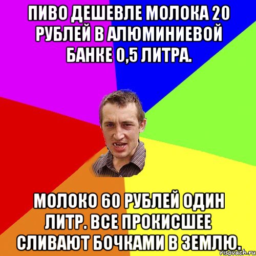 Пиво дешевле молока 20 рублей в алюминиевой банке 0,5 литра. Молоко 60 рублей один литр. Все прокисшее сливают бочками в землю., Мем Чоткий паца