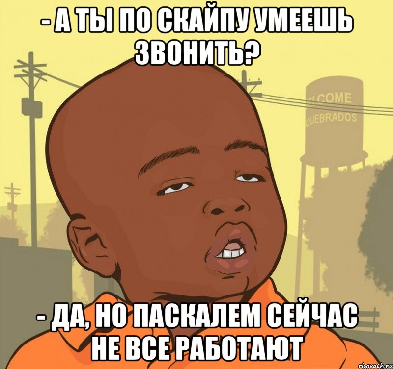 - А ты по скайпу умеешь звонить? - Да, но Паскалем сейчас не все работают, Мем Пацан наркоман