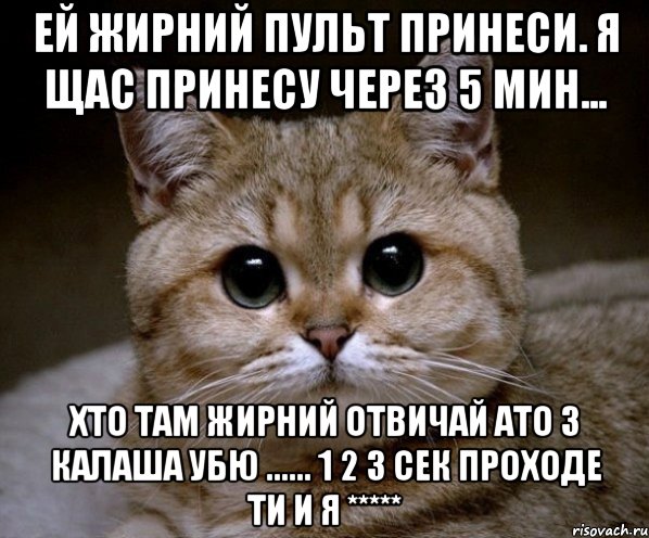 Ей жирний пульт принеси. Я щас принесу через 5 мин... хто там жирний отвичай ато з калаша убю ...... 1 2 3 сек проходе ти и я *****, Мем Пидрила Ебаная