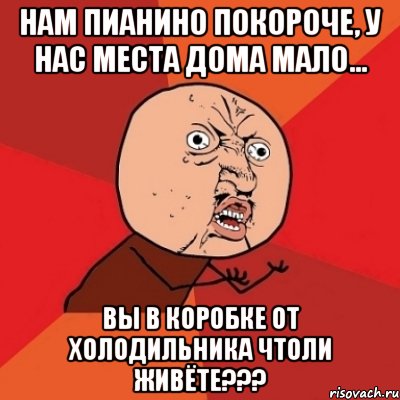 Нам пианино покороче, у нас места дома мало... вы в коробке от холодильника чтоли живёте???, Мем Почему