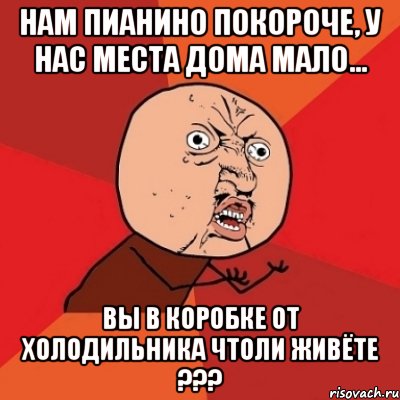 Нам пианино покороче, у нас места дома мало... вы в коробке от холодильника чтоли живёте ???, Мем Почему