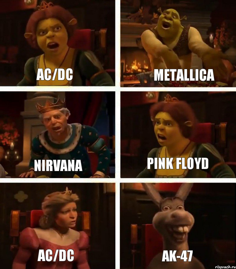 AC/DC Nirvana AC/DC Metallica Pink Floyd AK-47, Комикс  Шрек Фиона Гарольд Осел