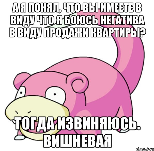 А я понял, что Вы имеете в виду что я боюсь негатива в виду продажи квартиры? Тогда извиняюсь. Вишневая