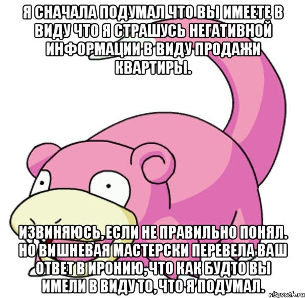 Я сначала подумал что Вы имеете в виду что я страшусь негативной информации в виду продажи квартиры. Извиняюсь, если не правильно понял. Но Вишневая мастерски перевела Ваш ответ в иронию, что как будто Вы имели в виду то, что я подумал.