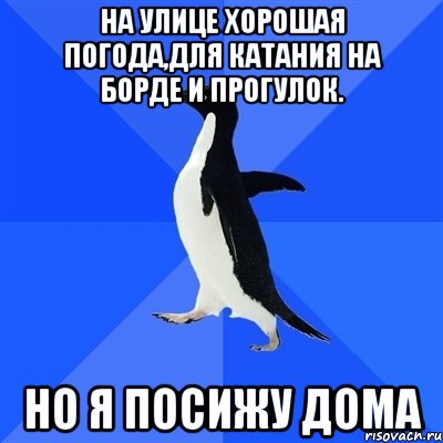 НА улице хорошая погода,для катания на борде и прогулок. Но я посижу дома, Мем  Социально-неуклюжий пингвин