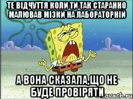 Те відчуття коли ти так старанно малював мізки на лабораторній А вона сказала,що не буде провіряти, Мем Спанч Боб плачет