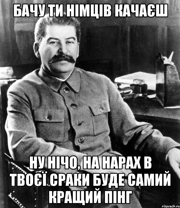 Бачу ти німців качаєш ну нічо, на нарах в твоєї сраки буде самий кращий пінг, Мем  иосиф сталин