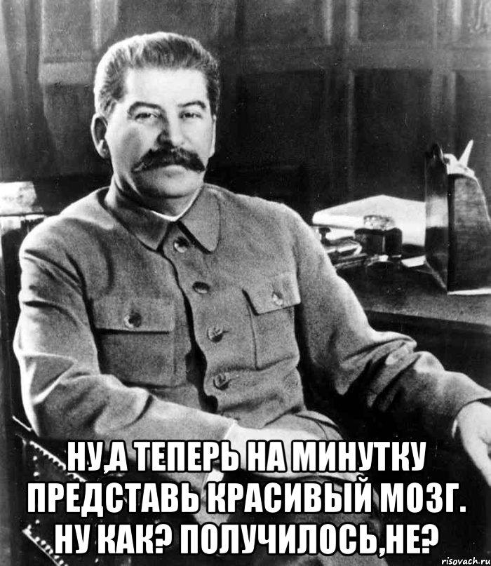  Ну,А ТЕПЕРЬ НА МИНУТКУ ПРЕДСТАВЬ КРАСИВЫЙ МОЗГ. НУ КАК? ПОЛУЧИЛОСЬ,НЕ?, Мем  иосиф сталин