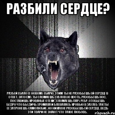 РАЗБИЛИ СЕРДЦЕ? РАЗБЕЙ ЕБАЛО ЕЁ НОВОМУ ЕБАРЮ. ЭТИМ ТЫ НЕ РАЗОБЬЕШЬ ЕЙ СЕРДЦЕ В ОТВЕТ. ЗАТО ЕМУ ТЫ СЛОМАЕШЬ СКУЛОВУЮ КОСТЬ, РАЗОБЬЕШЬ НОС, ПОСТАВИШЬ КРОВЯНЫЕ ОТЕКИ , СЛОМАЕШЬ ПАРУ РЕБР, ОТОБЬЕШЬ БЕДРО ЧТО БЫ ДИЧЬ ХРОМАЛА И БЛЕВАЛАСЬ КРОВЬЮ В ЗАХЛЕБ ТАК ТЫ ЕЕ ЗАТРОНЕШЬ САМОЛЮБИЕ. НО НИКАК НЕ РАЗОБЬЕШЬ ЕЙ СЕРДЦЕ. ВЕДЬ ЭТИ ТВАРИ НЕ ЗНАЮТ ЧТО ТАКОЕ ЛЮБОВЬ., Мем Сумасшедший волк