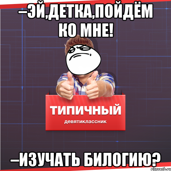 –Эй,детка,пойдём ко мне! –изучать билогию?, Мем Типичный десятиклассник