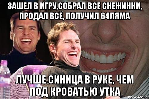 зашел в игру,собрал все снежинки, продал всё, получил 64ляма лучше синица в руке, чем под кроватью утка, Мем том круз