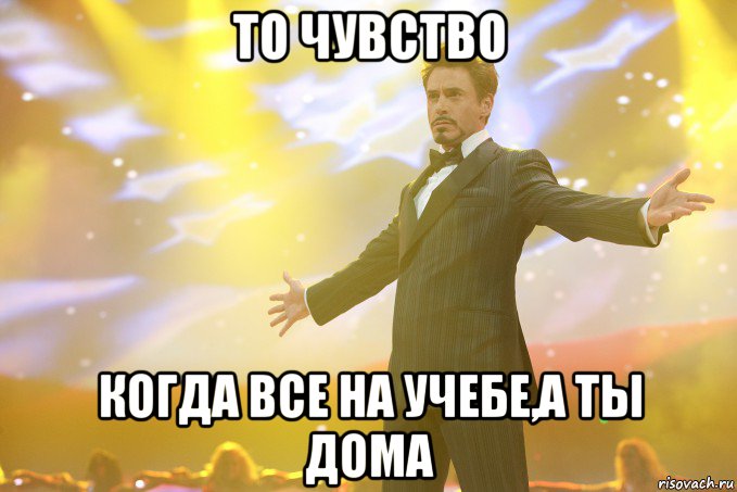 То чувство Когда все на учебе,а ты дома, Мем Тони Старк (Роберт Дауни младший)