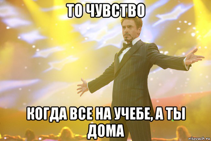 То чувство Когда все на учебе, а ты дома, Мем Тони Старк (Роберт Дауни младший)