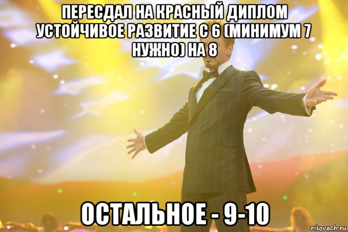 пересдал на красный диплом устойчивое развитие с 6 (минимум 7 нужно) на 8 остальное - 9-10, Мем Тони Старк (Роберт Дауни младший)