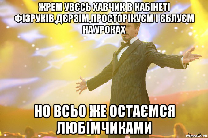 жрем увєсь хавчик в кабінеті фізруків,дєрзім,просторікуєм і єблуєм на уроках но всьо же остаємся любімчиками, Мем Тони Старк (Роберт Дауни младший)