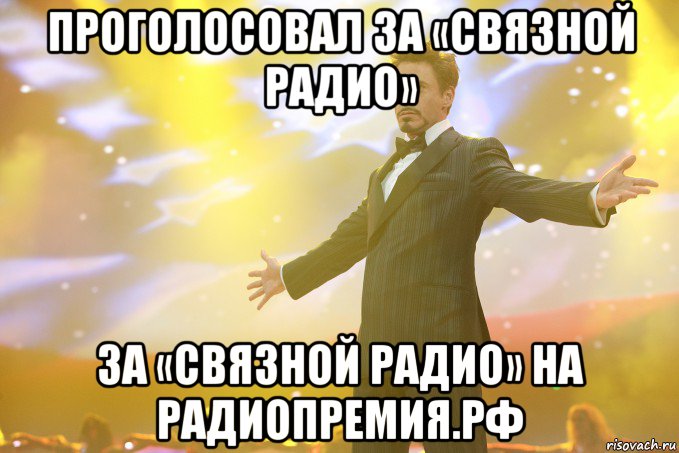 Проголосовал за «Связной Радио» за «Связной Радио» на РАДИОПРЕМИЯ.РФ, Мем Тони Старк (Роберт Дауни младший)