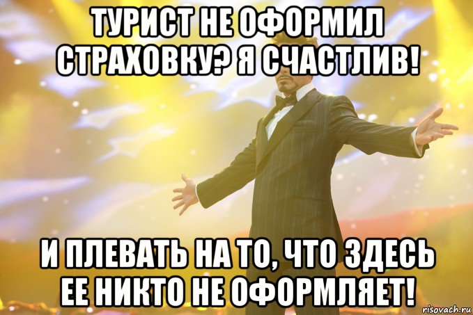 Турист не оформил страховку? Я счастлив! И плевать на то, что здесь ее никто не оформляет!, Мем Тони Старк (Роберт Дауни младший)