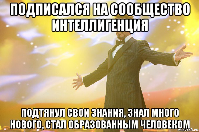 подписался на сообщество интеллигенция Подтянул свои знания, знал много нового, стал образованным человеком, Мем Тони Старк (Роберт Дауни младший)
