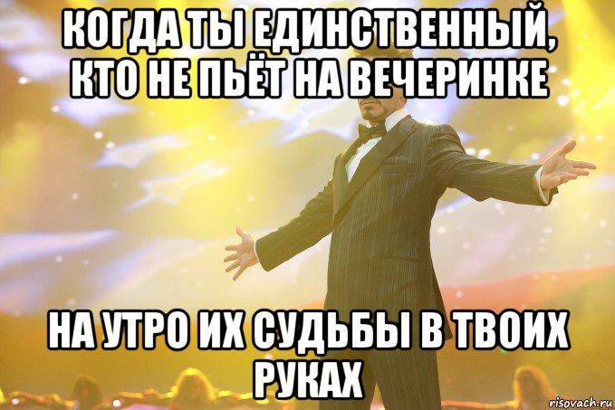 Когда ты единственный, кто не пьёт на вечеринке На утро их судьбы в твоих руках, Мем Тони Старк (Роберт Дауни младший)