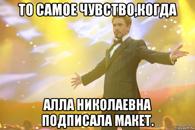 То самое чувство,когда Алла Николаевна подписала макет., Мем Тони Старк (Роберт Дауни младший)