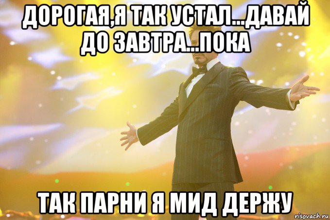 Дорогая,я так устал...Давай до завтра...Пока Так парни я МИД держу, Мем Тони Старк (Роберт Дауни младший)