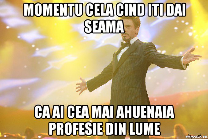 momentu cela cind iti dai seama ca ai cea mai ahuenaia profesie din lume, Мем Тони Старк (Роберт Дауни младший)