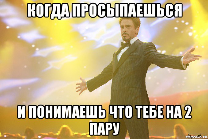 КОГДА ПРОСЫПАЕШЬСЯ И ПОНИМАЕШЬ ЧТО ТЕБЕ НА 2 ПАРУ, Мем Тони Старк (Роберт Дауни младший)