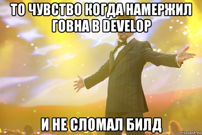 То чувство когда намержил говна в develop и не сломал билд, Мем Тони Старк (Роберт Дауни младший)