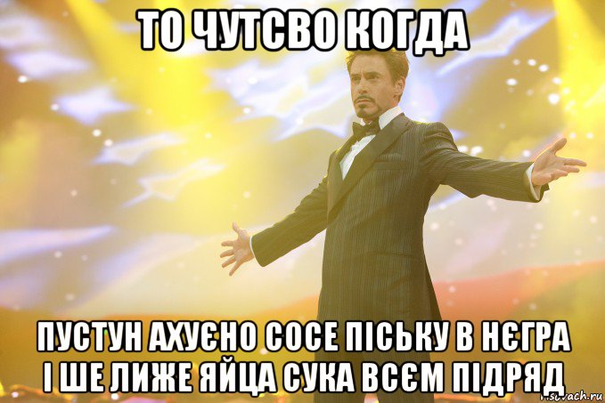 То чутсво когда Пустун ахуєно сосе піську в нєгра і ше лиже яйца сука всєм підряд, Мем Тони Старк (Роберт Дауни младший)