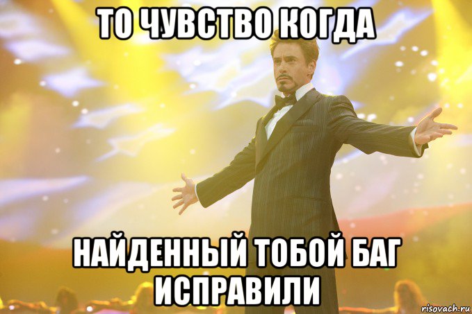 ТО ЧУВСТВО КОГДА НАЙДЕННЫЙ ТОБОЙ БАГ ИСПРАВИЛИ, Мем Тони Старк (Роберт Дауни младший)